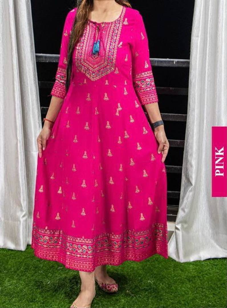 Stylish Rayon Pink Printed Anarkali Kurta For Women